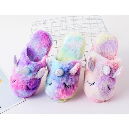 Winter Slippers Home Slippers Children Warm Funny Flat Shoes Girls Unicorn Slippers Kigurumi One Size Cartoon House Slides