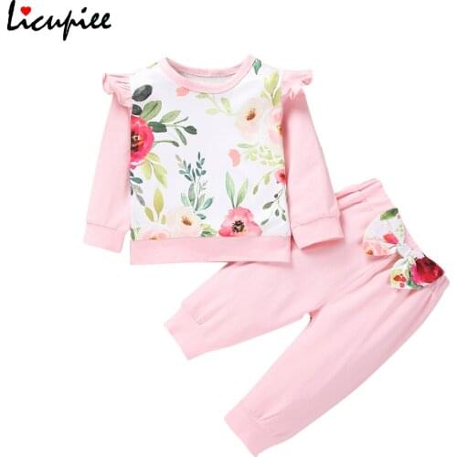 2 Pcs Infant Daisy / Floral Outfits, Toddler Long Sleeve Round Neck Ruffle Pullover + Bow Trousers 1-4 Years