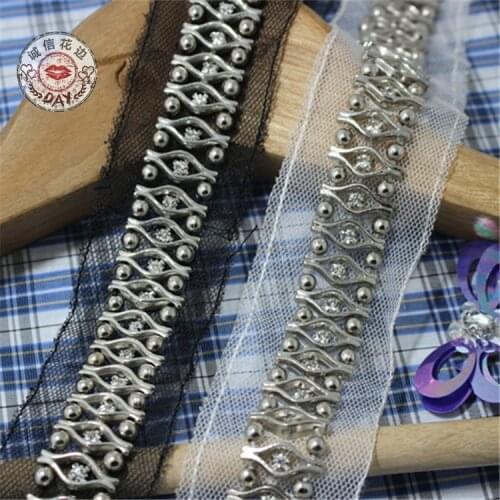 2Yards 2cm Silver Metal Beaded Lace Trim Pearl Rhinestones Mesh Lace Applique Diy Accessories Clothes Bags Shoes Sewing Supplies
