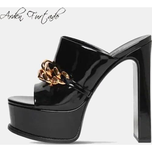 Arden Furtado 2021 Summer Fashion Womens Shoes Heels Metal Chains Chunky Heels Peep Toe platform ladies blue Slippers big size