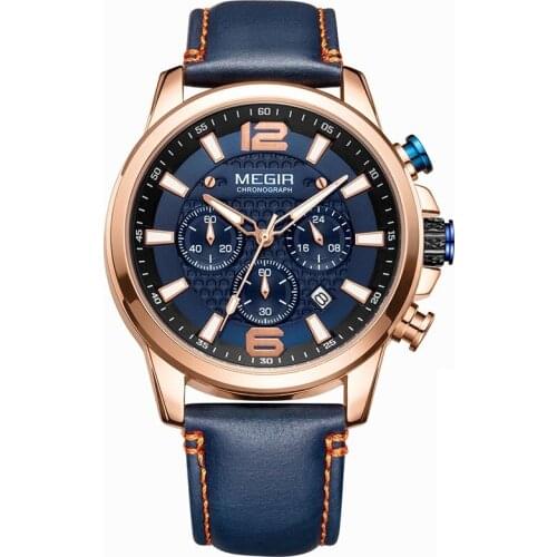 Top Band MEGIR 2020 New Men Military Sport Chronograph Quartz WrisrWatches Blue Leather Band Luminous Calendar Male Gift Clock