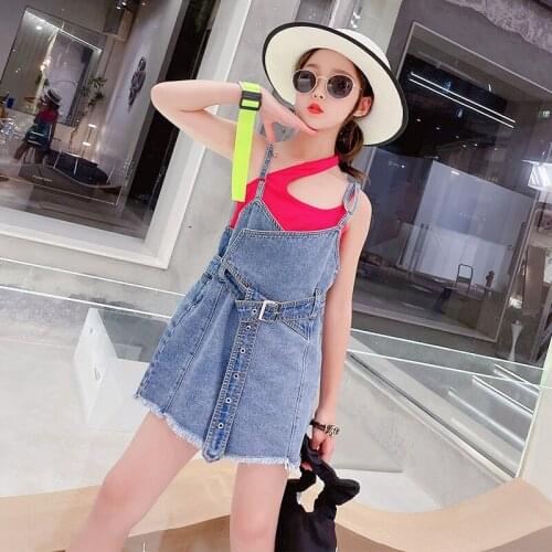 Girls Suit Skinny Halter Neck Tank + Bib short Jeans Denim Pants Shorts Overalls Summer Kids Rompers 5 to 14 Years Girls Clothes