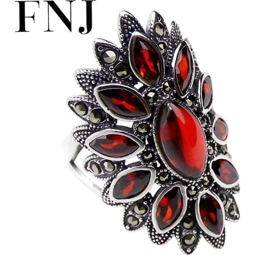 FNJ Statement Rings 925 Silver Adjustable Size Open Popular S925 Solid Silver Ring for Women Jewelry Fine Red Zircon Garnet