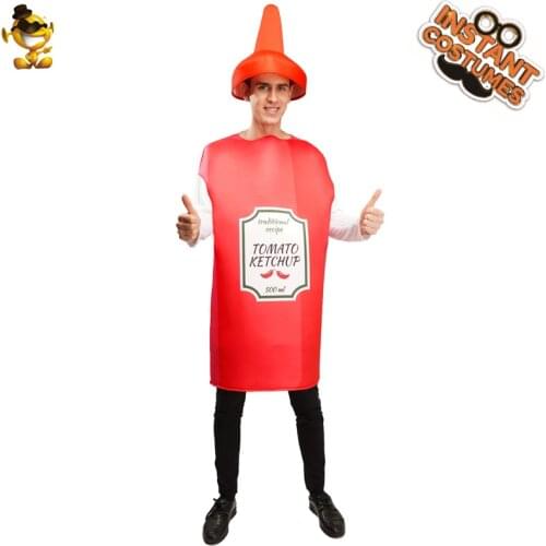 Adult Tomato Ketchup Costume Halloween Cosplay Outfits Fancy Dress Up Christmas Role Play Ketchup Jumpsuit for Unisex