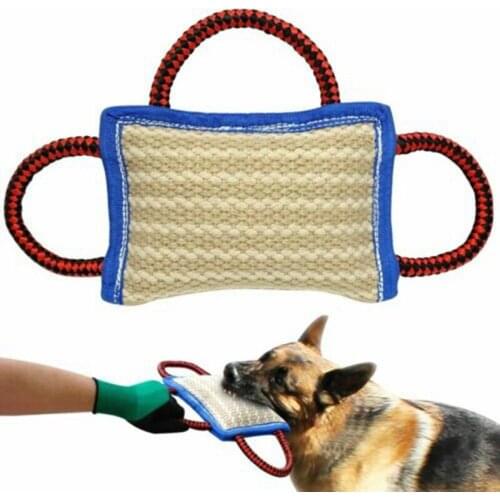 Durable Small Dog Training Bite Tug Toy Linen Bite Pillow Puppy Interactive Pet Toy with 3 Handles