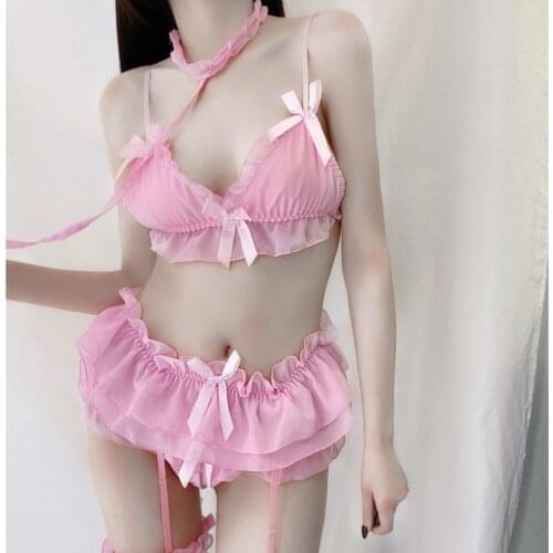 Sexy costumes underwear female Sexy temptation Princess Garter lace three-point suit cute pink girl micro bikini