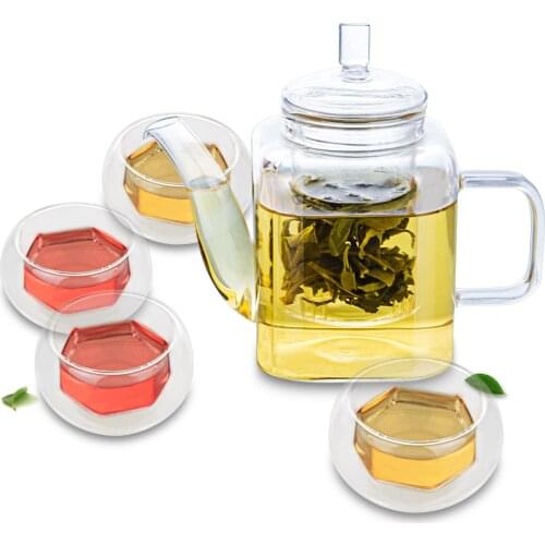 Classic Style Glass Clear Teapot w/ Filter & 4PC Double Wall Clear Glass Mugs