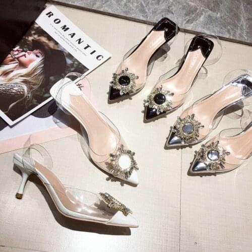 2021 Korean Spring And Summer New Fashion Pumps Pointed Transparent Sun Flower Rhinestone High Heels Stiletto Shoes
