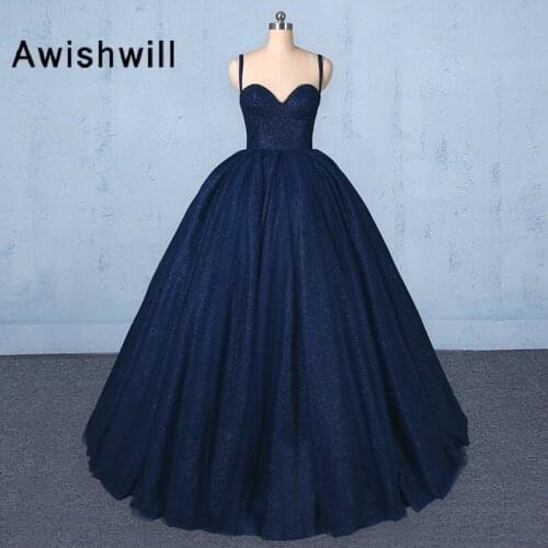 New Fashion Navy Blue Ball Gown Prom Dress Floor Length Sequin Tulle Spaghetti Strap Lace-up Back Formal Evening Dress Plus Size