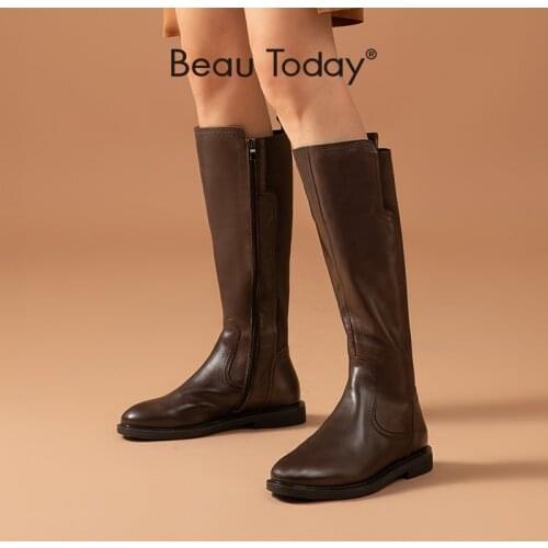 BeauToday Long Boots Women Genuine Cow Leather Elastic Band Knight Boots Side Zip Round Toe Female Flat Shoes Handmade 01217