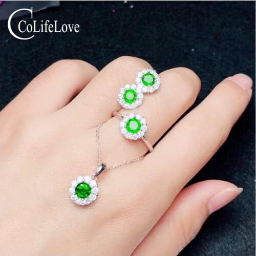 CoLife Jewelry 925 Silver Diopside Jewelry Set for Young Girl Real Natural Chrome Diopside Jewelry Silver Birthday Gift for Girl