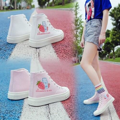 Japanese Style Women Sweet Lolita Flat Shoes Cartoon Milk Strawberry Print Canvas Shoe Girly Kawaii Student High Top Shoes