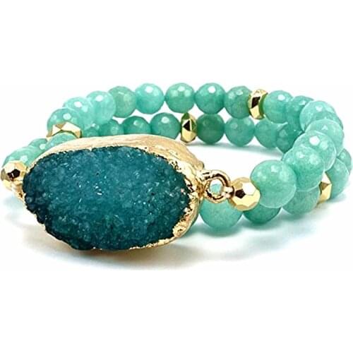 Nature Druzy Stones Pendan & Natural Stone Bead Strand Wrap Stretch Bracelet For Women