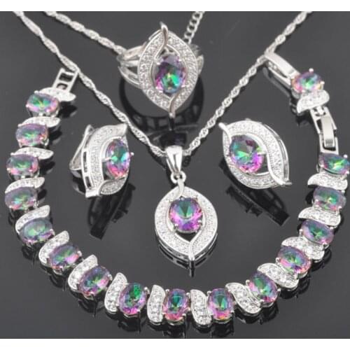2020 New Rainbow Zirconia Silver Color Jewelry Sets For Women Wedding Bracelet Necklace Pendant Earrings Ring QS0230