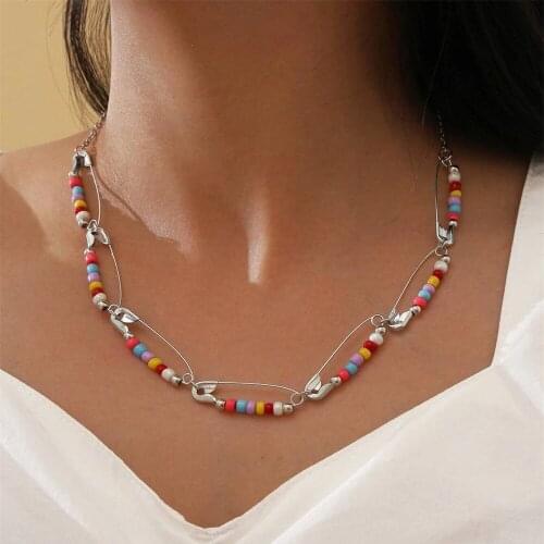 LXY-W New Vintage Fashion Ethnic Pastoral Style Colored Bead Pins Necklace For Women Boho Choker Geometric Jewelry Party Gift