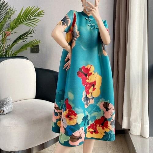 LANMREM Summer Pleated Printing Dress For Women Stand Collar Short Sleeve Casual Female Vintage Elegant Party Dresses 2D3736