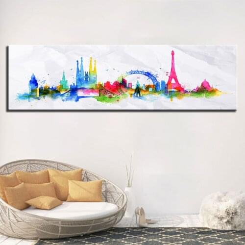 Canvas Painting Wall Art 1 Piece World City Paris London Silhouette Pictures Print Colorful Watercolor Skyline Poster Home Decor