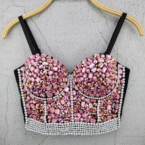 American Clothing For Singer Women Stage Outfit Rhinestone Bra Pink Crystal Vest Rave Party Young Girls Jazz Dance Costume BI987