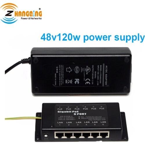 Security PoE Injector 6 Port Gigabit POE Panel With Power Supply 48Voltage 120Watts
