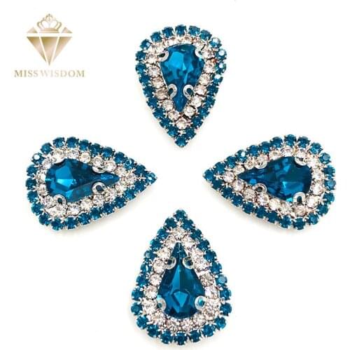 8X13mm 10pcs/pack Peacock blue glass stass Double row chain teardrop sew on rhinestones crystal button Diy jewelry accessories