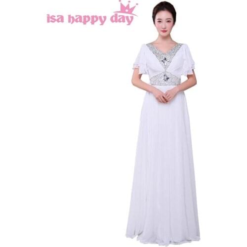 Bridesmaid long dresses plus size formal princess a-line cap sleeved v neck chiffon beading ivory blue dress for lady H4160