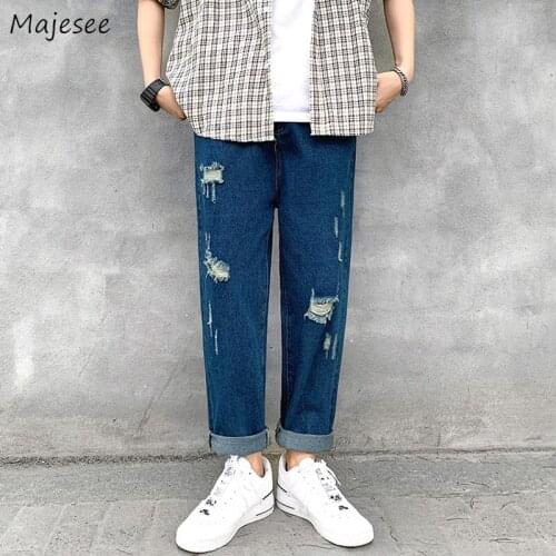 Jeans Men Summer Denim Holes Vintage Solid Straight All-match Streetwear Fashion Korean Style Loose Casual Trousers Retro Chic