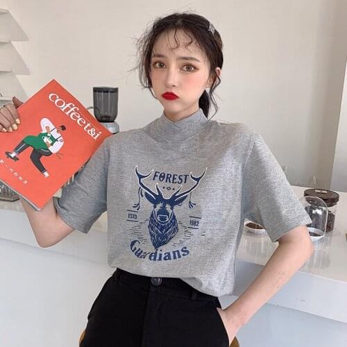 T-shirt Women Short Sleeve Elegant Printed Korean Style Trendy Womens Clothing Daily Turtleneck Simple Summer Crop Top Harajuku