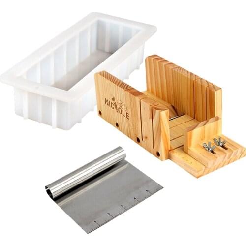 Handmade Soap Making Tools Loaf Silicone Mold with Adjustable Wooden Loaf Cutter Box and Stainless Steel Blade