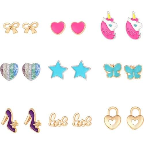 JAVRICK 9 Pairs Trendy Cute Small Unicorn Butterfly Bowtie Stud Earrings Set For Kids Girls 7HH1101136