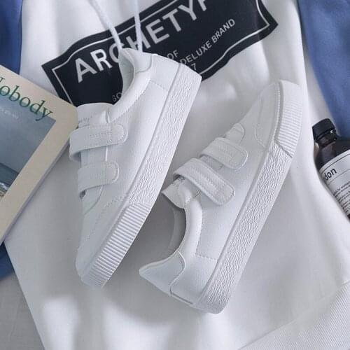 LEOSOXS Women Vulcanized Shoes Fashion Casual White Sneakers Female Platform Flat Hook-Loop Light Shoes PU Leather Ladies Autumn