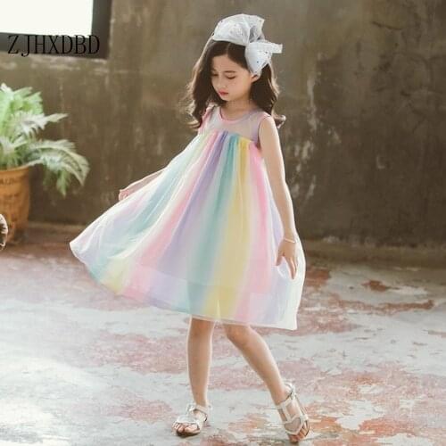 Girls' Summer Dress 2020 New Childrens Princess Kids Dress Rainbow Chiffon Dress Lace Mesh Sweet Cute Girls Clothing Pink Solid