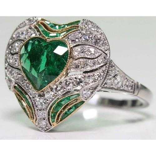 Hot Sale Fashion Luxury Green Heart Crystal Emerald Gemstone Inlay Zircon Rings for Men Temperament Diamond FemaleJewelry