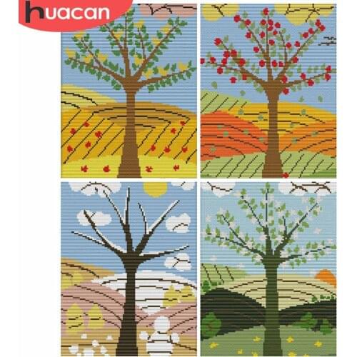 HUACAN Embroidery Scenery Sets White Canvas DIY Cross Stitch Tree Needlework 11CT 14CT Kits Home Decoration Gift