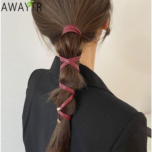 2021 New Women Vintage Ponytail Hold Leather Long Hair Tie Headband Sweet Hair Decorate Hairbands Fashion Hair Accessories