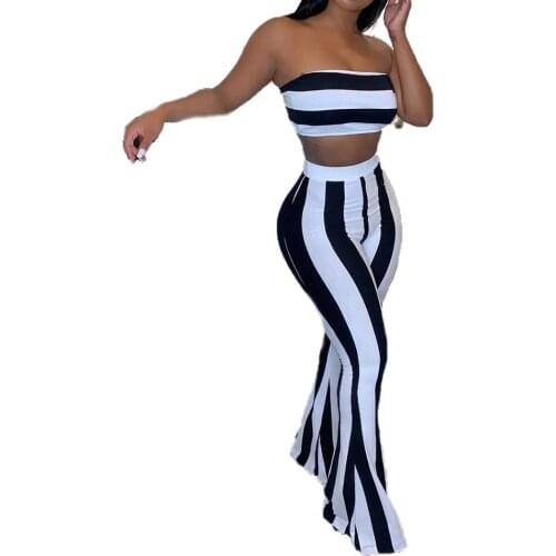 New Women Ladies Sexy Casual Striped Strapless Tube Tops + Flare Pants Set Summer Clothes