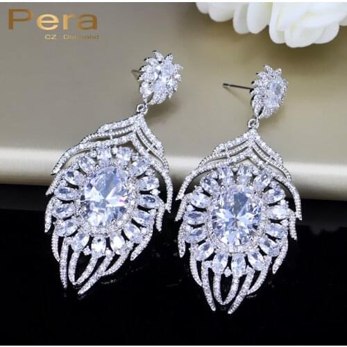Pera Luxury Negerian African Women Jewelry Full Sparkling Big Statement Cubic Zirconia Stone Long Drop Earrings For Party E198