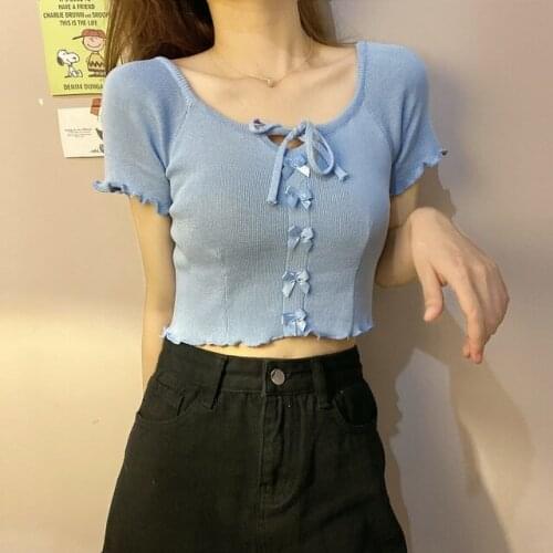 Hstar Casual Square Collar Short Sleeve T-shirt Summer Cloths for Women Knitted T Shirt Tie Lace-up Bow Design Sexy Crop Top