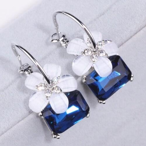 2019 New Fashion Brincos Party Alloy Stud Crystal Flower Blue Stone Dangle Earrings for Women Statement Geometric Jewelry DZDZ1