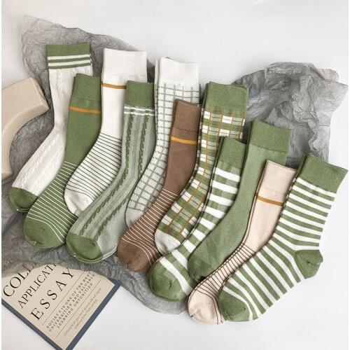 Spring summer Green Womens Cotton Socks Vintage Stripe Lattice Matcha Color Breathable Cute Japanese Casual Girls Socks