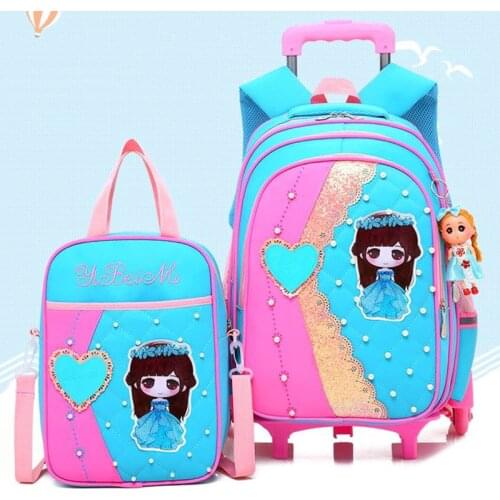 Cartoon School Backpack With 3 Wheels Girl Trolley School Bags Cute Princess Pattern Children Satchels Waterproof Nylon Backpack