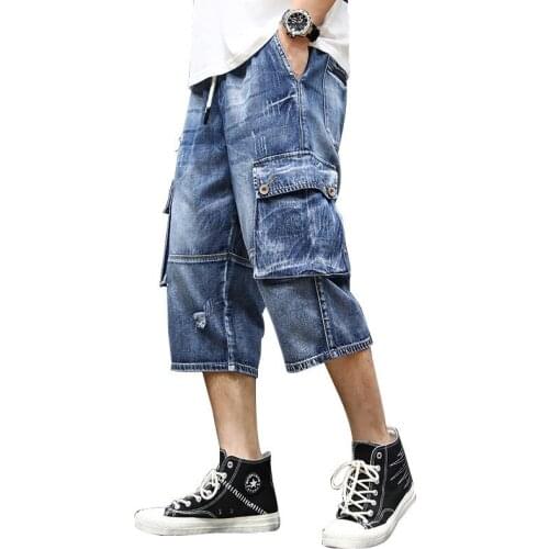 ERENEJIAN Man Summer Ripped Cargo Short Jeans With Multi Pockets Fashion Distressed Loose Fit Denim Shorts Bottoms Elastic Waist