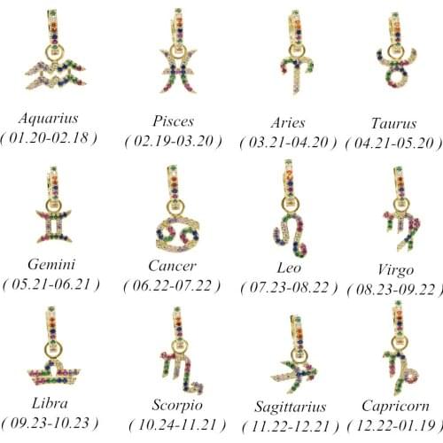 12 Constellations Zodiac Sign hoop earrings for Women Girls Gold Rainbow color cz Cubic Zirconia fashion Anel anillos Jewelry
