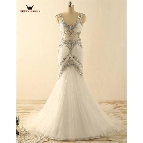 Custom Made Mermaid V-neck Backless Crystal Beading Sexy Long Women Wedding Dresses Bridal Gowns vestidos de noiva Romantic PO11