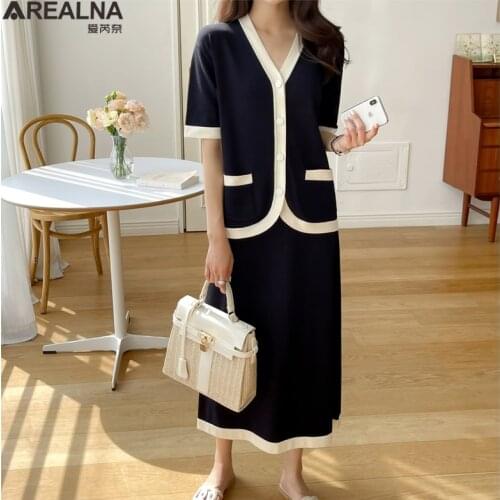 Summer two piece set women skirt V-neck Short Sleeve Single-breasted Knitted Cardigan Top + skirts 2 piece sets womens outfits