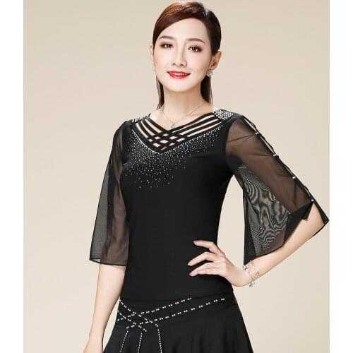 Lady Latin Dance Shirt Costume Half Sleeve Ice Silk Dancing Top Black Dancing Performance Costumes Ballroom Dancing Shirt B-6536
