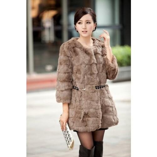 Free shipping genuine real natural Rabbit fur coat women long fashion three quarter sleeve fur overcoat winter fur jacket 3XL