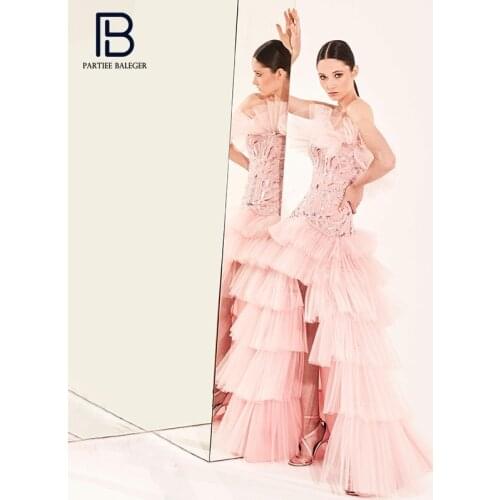 PB Trendy Pink Long Dress Cascading Ruffles Sequins Design Sexy Strapless Celebrity Party Club Vestido Free Shipping
