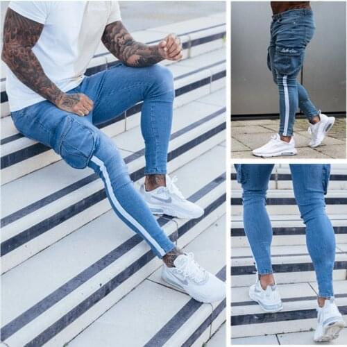 Side Pockets Embroidery Denim Mens Trouser New Fashion Slim Fit Jeans Men The Side Stripe Jeans Four Seasons Punk Style Jeans