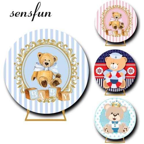 7 Options Cute Bear Theme Round Backdrop Cover Girl Boys Newborn Baby Shower 1st Birthday Party Circle Photography Background