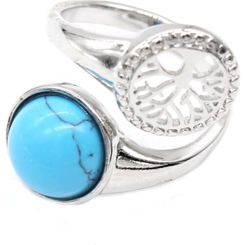 KFT Silver Plated Tree of Life Resizable Finger Ring Blue Turquoises Stone Adjustable Ring For Anniversary Jewelry
